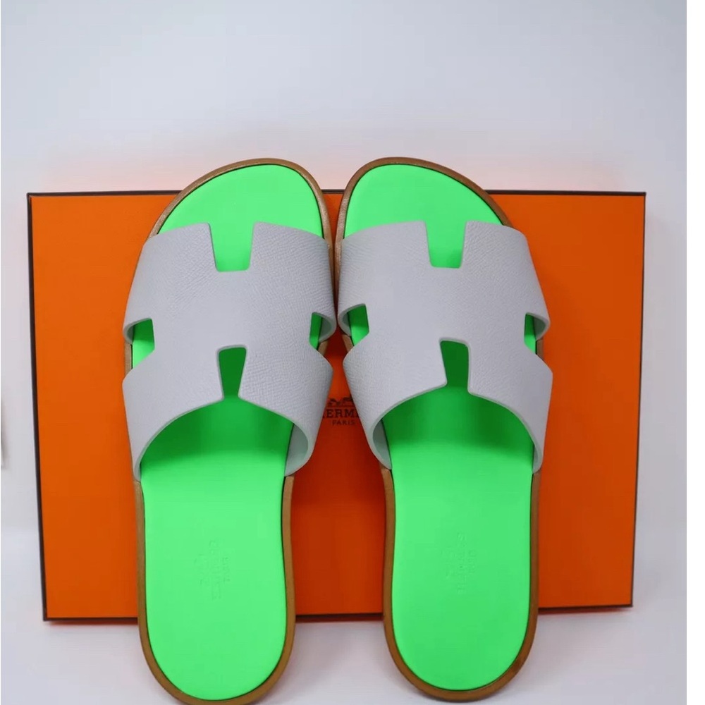 NEW HERMES MEN IZMIR SANDAL FLAT EPSOM Gris Quartz Vert Fluo